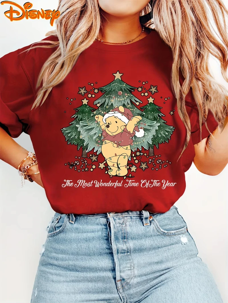 

Disney Christmas Winnie The Pooh T Shirt Vintage Women men Cotton Tee Short Sleeve O-Neck Casual Trendy Oversized Streetwear Top