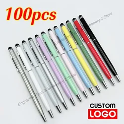 100 Pcs 13-สีโลหะ2-In-1 Stylus Universal ปากกาลูกลื่นโลโก้ที่กำหนดเองข้อความแกะสลักสำนักงานโรงเรียนปากกาโฆษณาขายส่ง