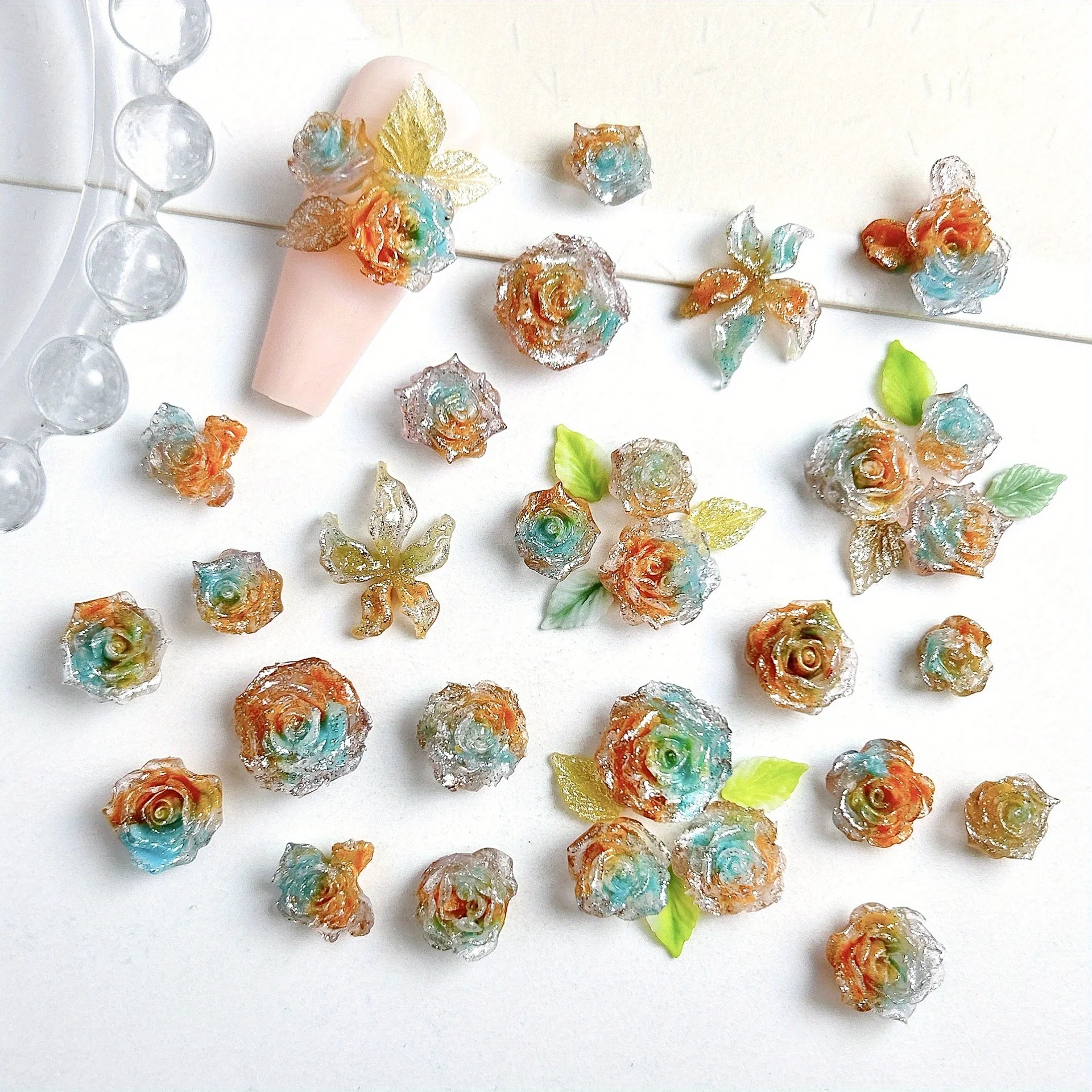 

50pcs Resin Gradual Change Color Scheme Simulation Rose Flower Nail Jewelry Hairpin Phone Case Nail Diy Decoration Accessories