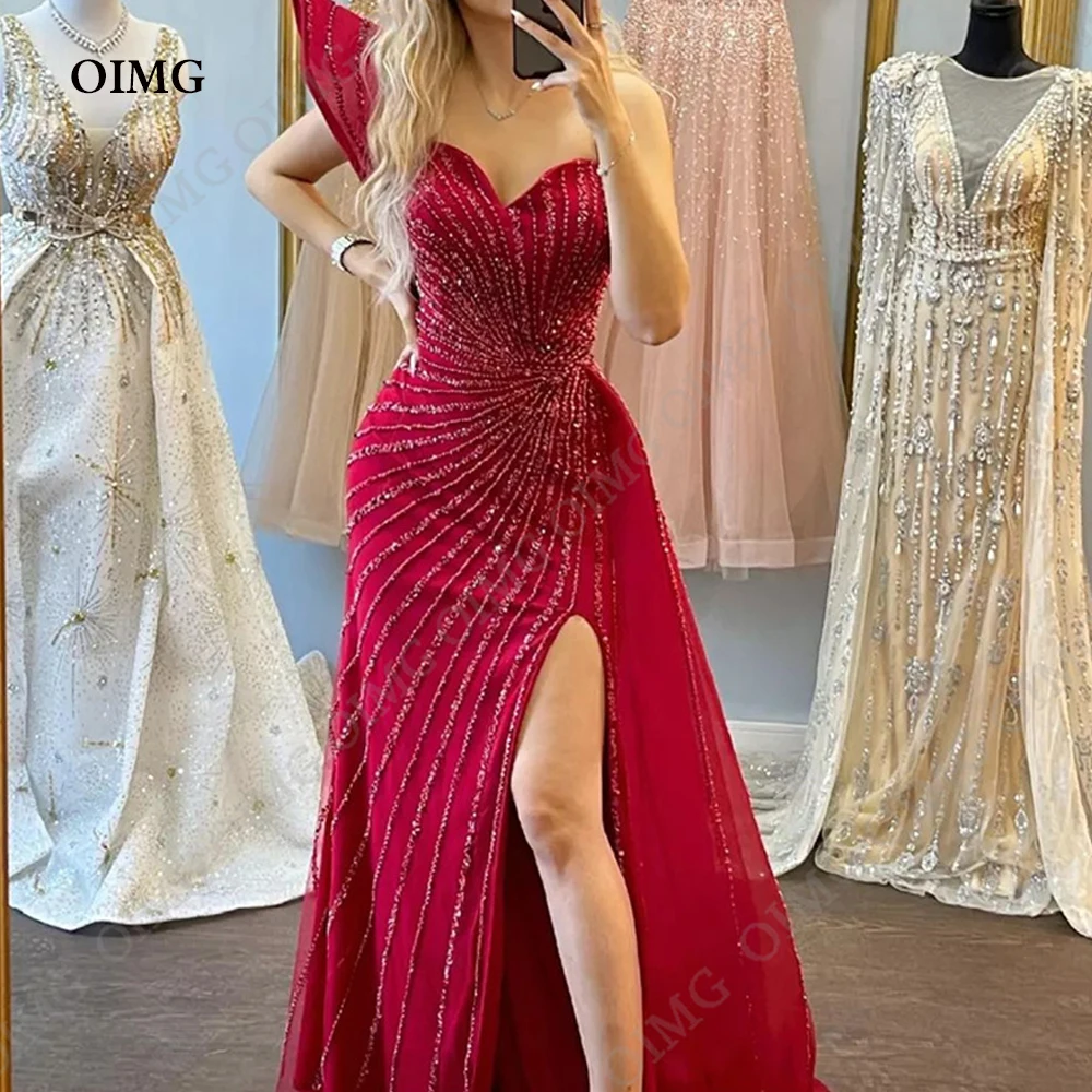 OIMG Red Glitter Prom Dresses Tulle One Shoulder Boho Shiny Sequins Sweetheart Side Slit Evening Gown Party Princess Customized