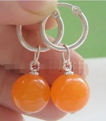 Beautiful 12mm 100% Natural orange jade earring - silver hoop