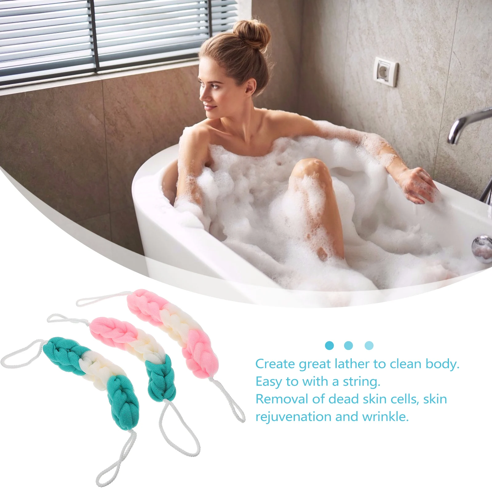 

3pcs Exfoliating Bath Sponge Shower Stretchy Back Scrubber Mesh Assorted Color Light Reusable Long Bath Pouf Cleanser Skin