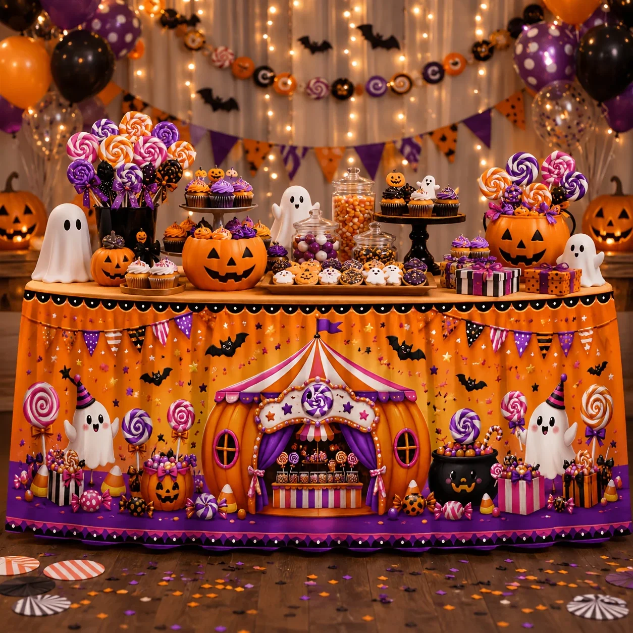 One tablecloth or table skirt - Polyester - Cute Halloween pumpkin candy stand ghost pot stick - yzb