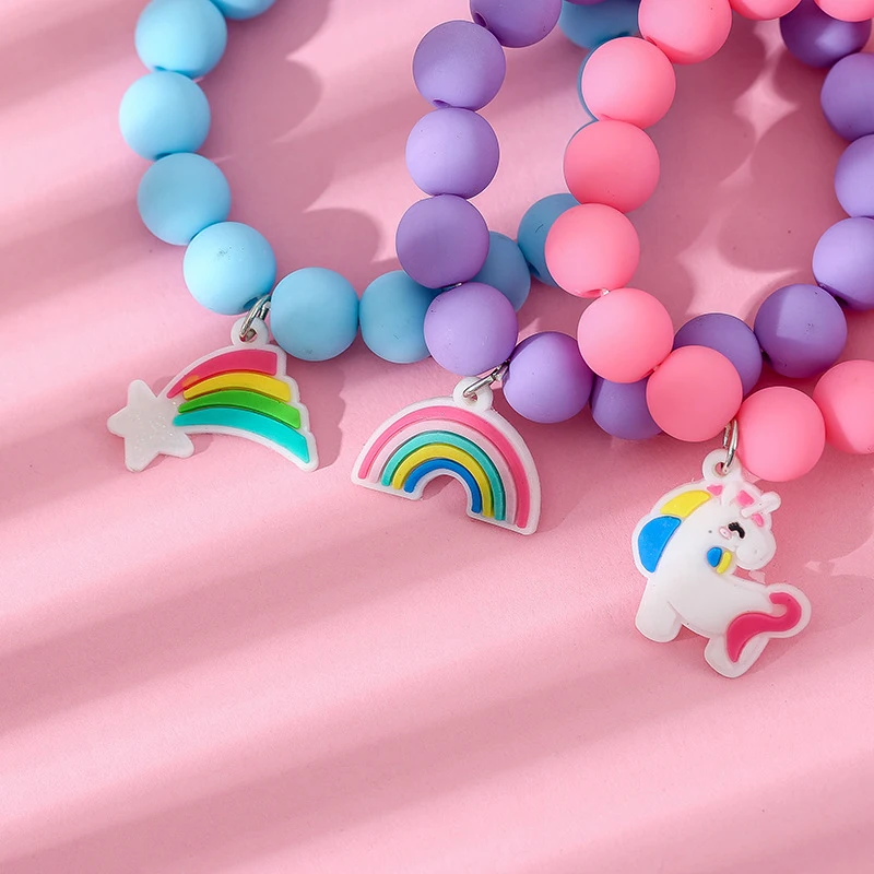 3Pcs/set Cute Kawaii Unicorn Rainbow Charm Stretch Candy Color Beads Bracelet For Teens Girls Bracelets Jewelry Gifts