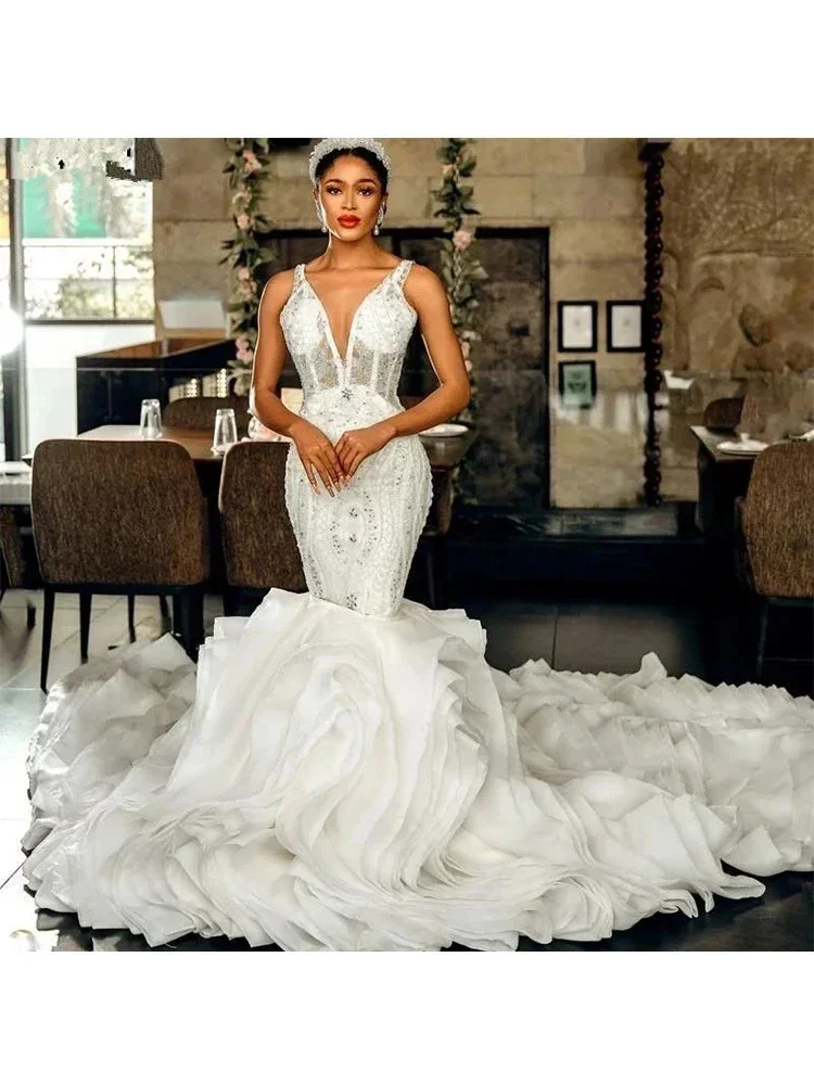 Customized  Mermaid Sleeveless Deep V-Neck Wedding Dresses Spaghetti Strap Lace Beads Romantic Ruffles Train Vestido De Novia