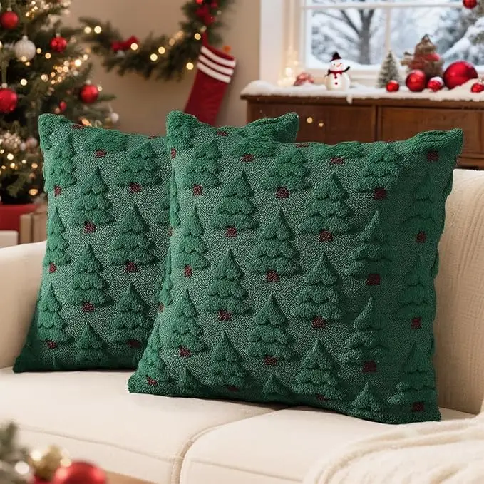 2pcs 18x18 Christmas Throw Pillow Covers with Tree Decoration,Soft Plush Cushion Covers Xmas Tree Pillowcases for Holiday Winter
