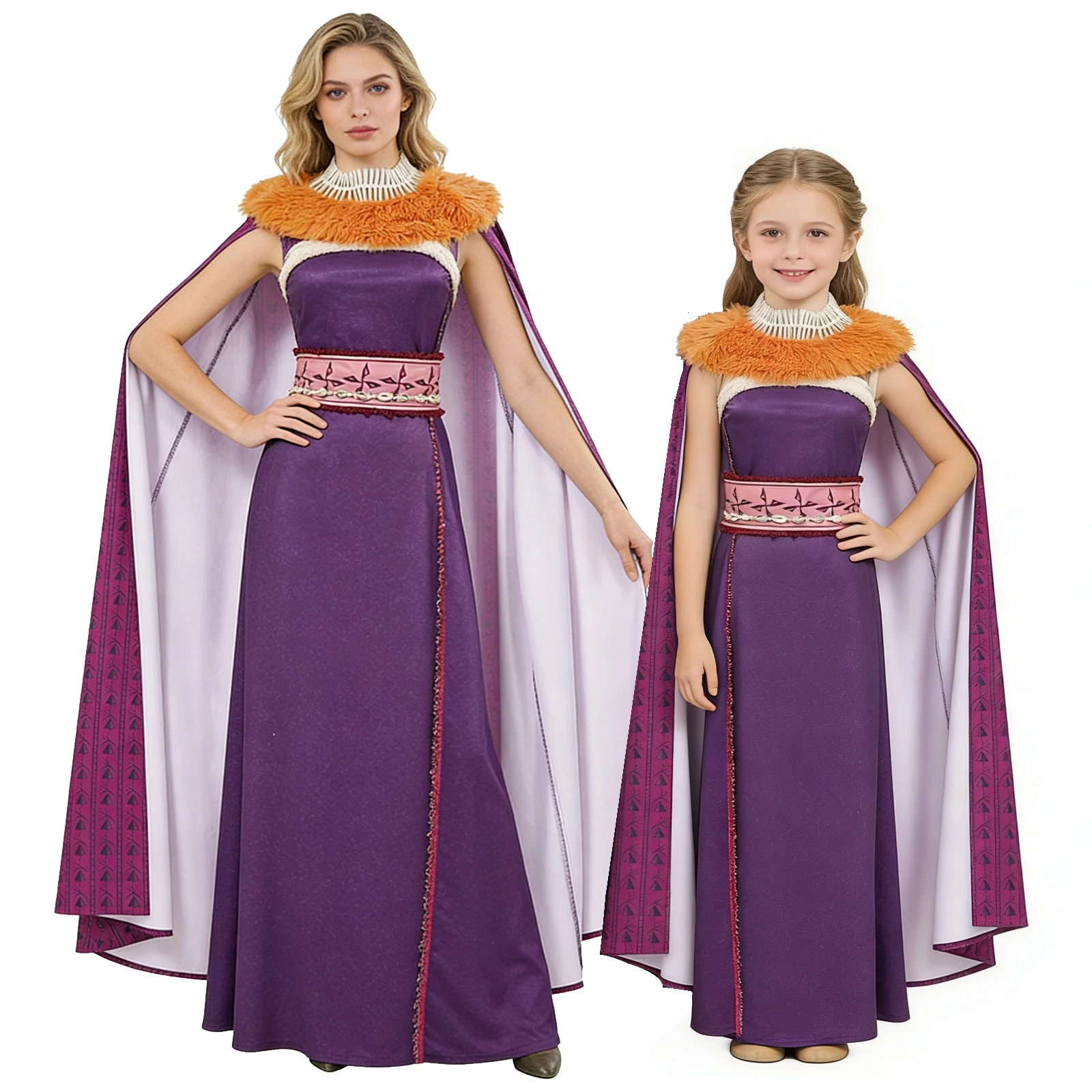 Damen Moana Cosplay Kostüm Bösewichtin Matangi Kleid Umhang Lila Anzug Halloween Outfit mit Fellkragen und Gürtel Komplettset