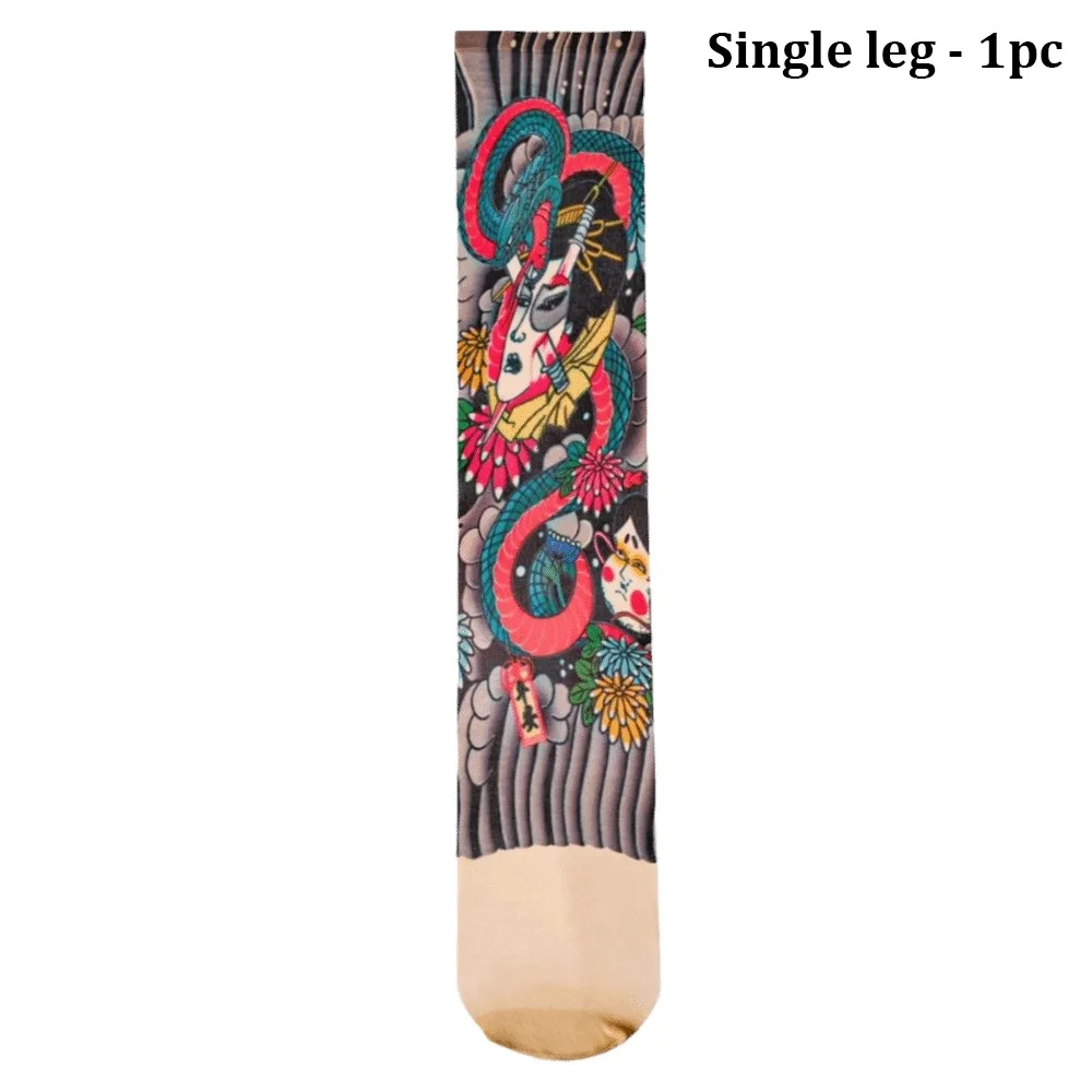 

1pc Fashion Simulated Tattoo Single-leg Socks Sexy Perspective Tattooed Stockings Personality Mesh Single-tube Socks Summer