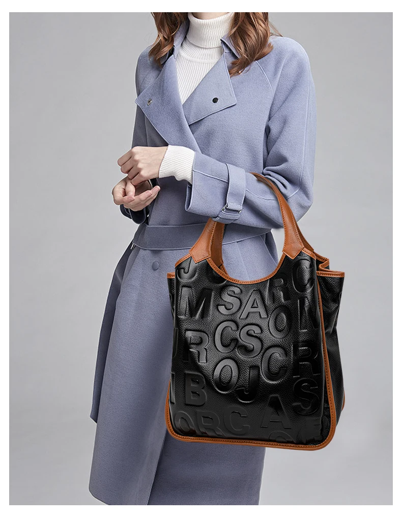 Aidrani Damen-Handtasche mit großer Kapazität, Leder, Rindsleder, Farbblock-Design, Aufschrift, Aufbewahrungstasche, Damen-Tragetasche mit Reißverschluss – Detail 2