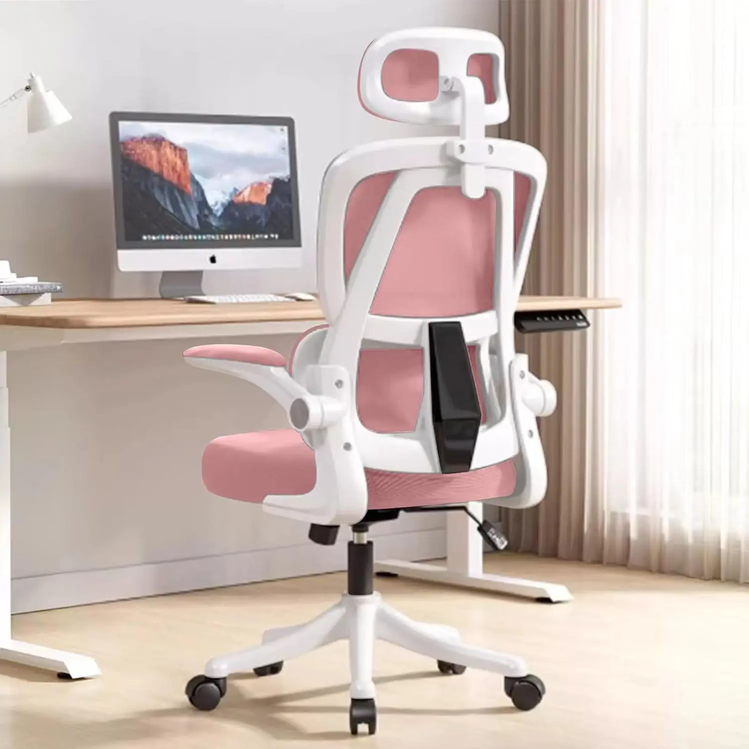

Desk Chair Adjustable High Back Mesh Chair Lumbar Support Computer Chair with Flip-up Arms for Work, Study, Gaming,Pink White