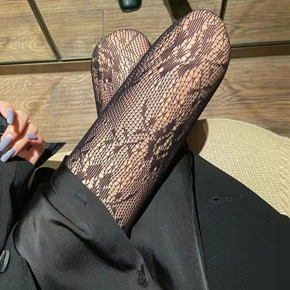 Schwarze Blumen Damen Strümpfe Lolita Retro Mesh Fishnet Sexy Strumpfhosen für Mädchen Frau Geschenke Spitze Mesh Strumpfhosen Blumenstrumpfhosen