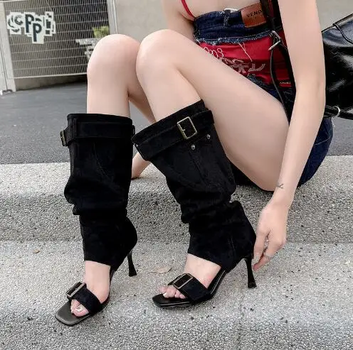 

Summer Woman Black Brown Solid Suede Square Open Toe Buckle Big Calf Hollow 8 CM Heel Knee High Sandals Boots Fashion Long Boots