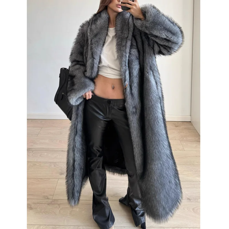 패션 롱 트렌치 코트 라펠 두꺼운 롱 코트 디자인 그레이 재킷 럭셔리 브랜드 여성용 퍼 코트 겨울 따뜻한 인조 여우털 코트
