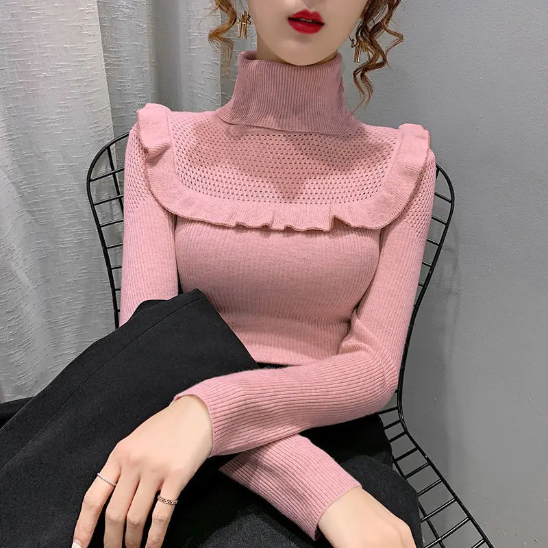 Turtleneck Women\'s Knit Sweater Ruffles Ladies Pullovers Slim Fit Hot Sale Winter Autumn Smooth Japanese Style on Promotion Warm