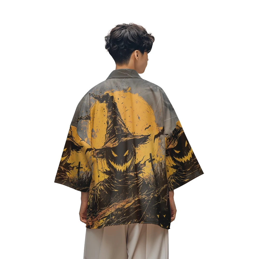 Classic Vintage Niche Design Horror Style Halloween Pumpkin Scarecrow Print Toga Men's Fashion Casual Kimono Men's Tops