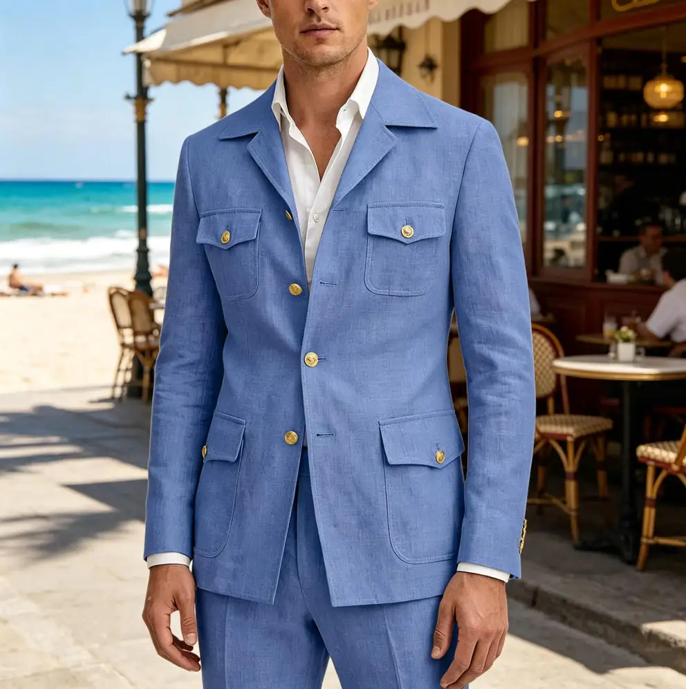 Men's Linen Suit Slim Fit Formal Business Casual 2 Piece Blazer Pants Set Multi-Pocket Safari Style Jacket Trousers for Summer
