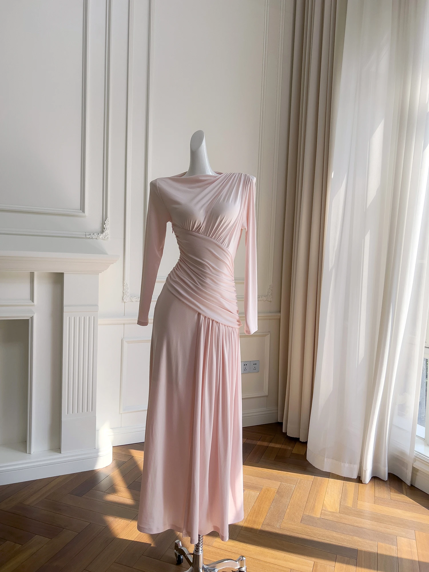 

Pink Waist-Cinching Dr Elely High Design Korean Sle Wedding Gown for Women Autumn Season Long Sves Polyester Blend