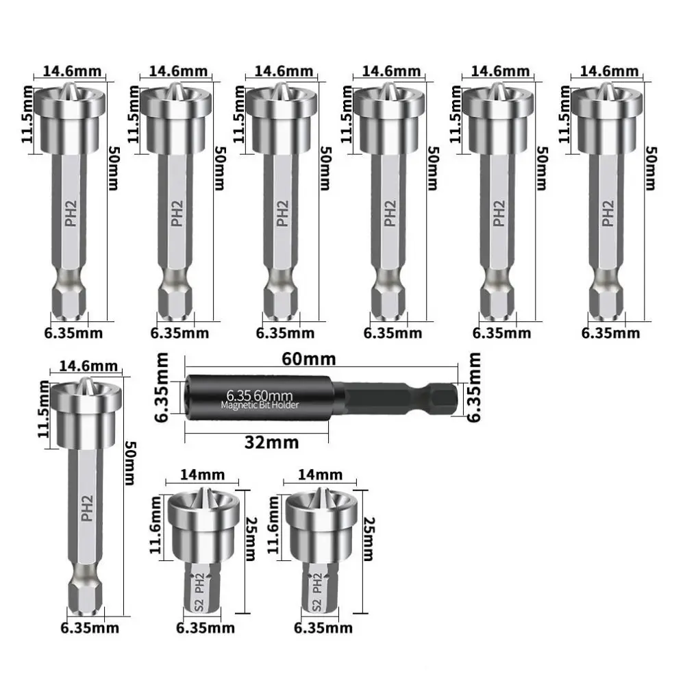 10 pz/set Posizionamento Magnetico Punte per Cacciavite 25/50mm Codolo Esagonale Individuazione Lotto Testa Nessun Scivolamento Punta da trapano in acciaio legato