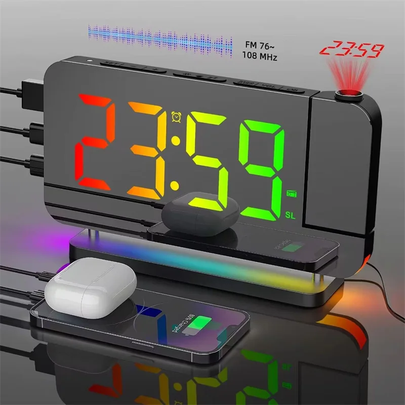 FM Radio 180° Projection Alarm Clock RGB With RGB Night Light 6 Levels Brightness Dual USB Output Port 12H/24H Digital LED Clock