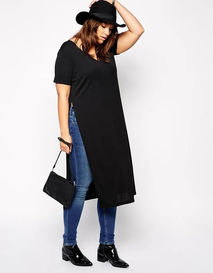 Damska koszulka z krótkim rękawem Plus Size Maxi Summer Casual T-shirt Sexy V-neck Solid Black High Slit Sides Elegant Modal Top Tee 5XL 6XL