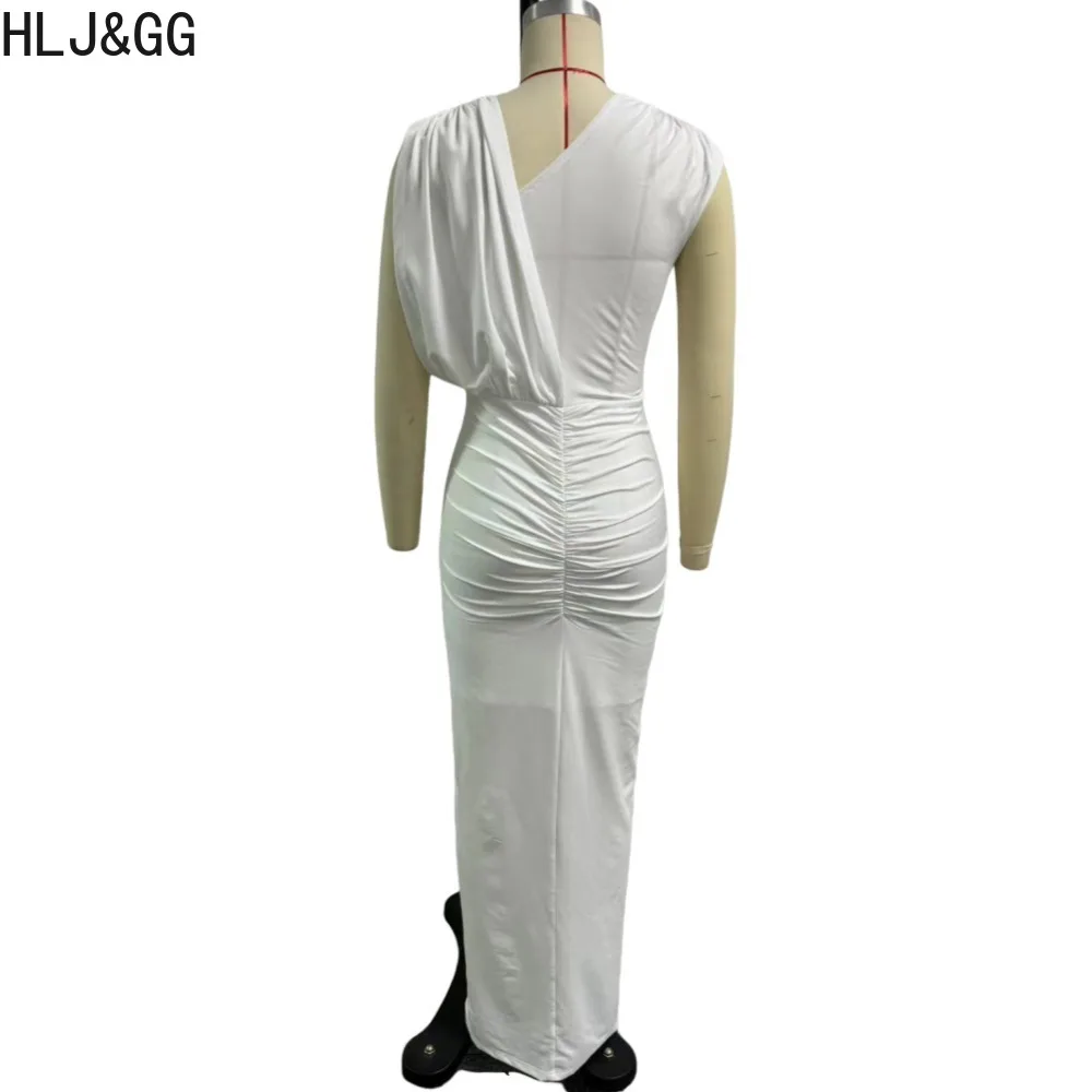 HLJ&GG White Fashion Diagonal Shoulder Hollow Ruched Bodycon Maxi Dress Women Sleeveless Slit Slim Vestidos Elegant Lady Clothes