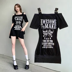 Vintage Black Skull Letter Print Halter Dress with American Retro Off Shoulder Slim Dresses Gothic Women Punk Wrap Hip Dress