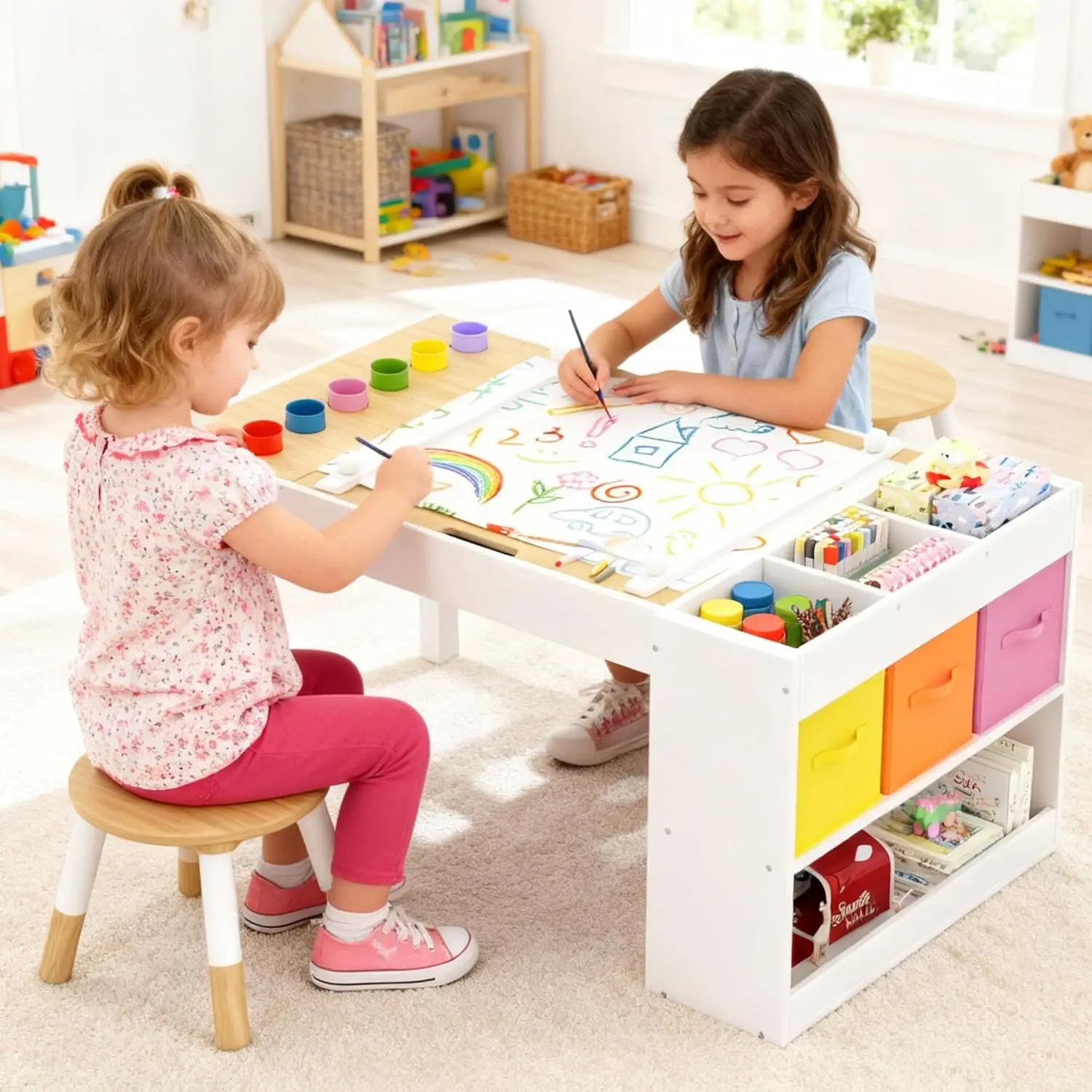Kids Art Table and 2 Chairs Set, Wooden Kid Craft Table Roll Paper & Storage for Drawing, Learning and Reading,, Customized