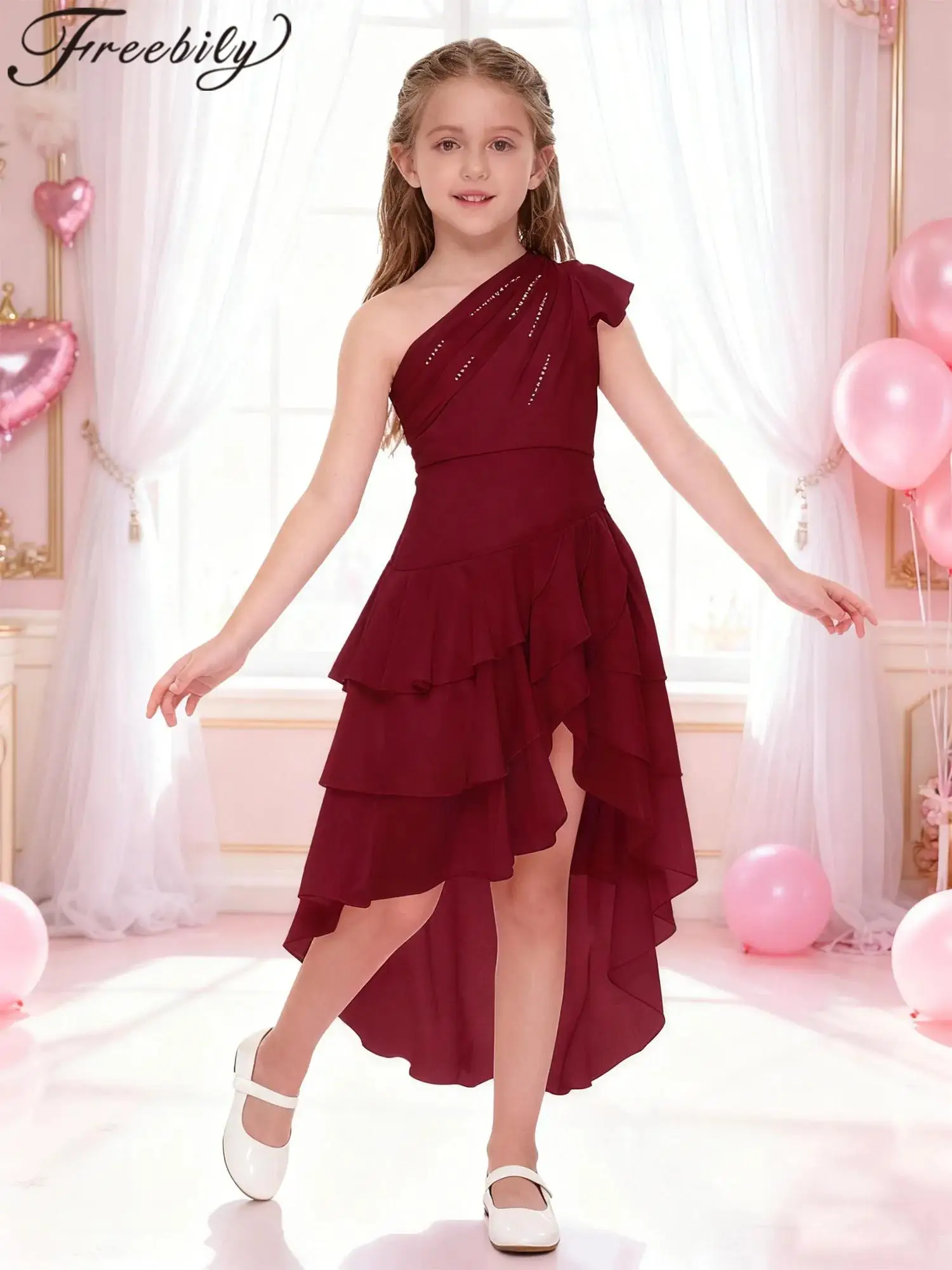الفتيات الباليه أزياء الرقص الغنائي الاطفال فستان حفلة للأميرات الأطفال الشيفون كتف واحد فساتين احتفالية فستان حفلات المسابقة #1