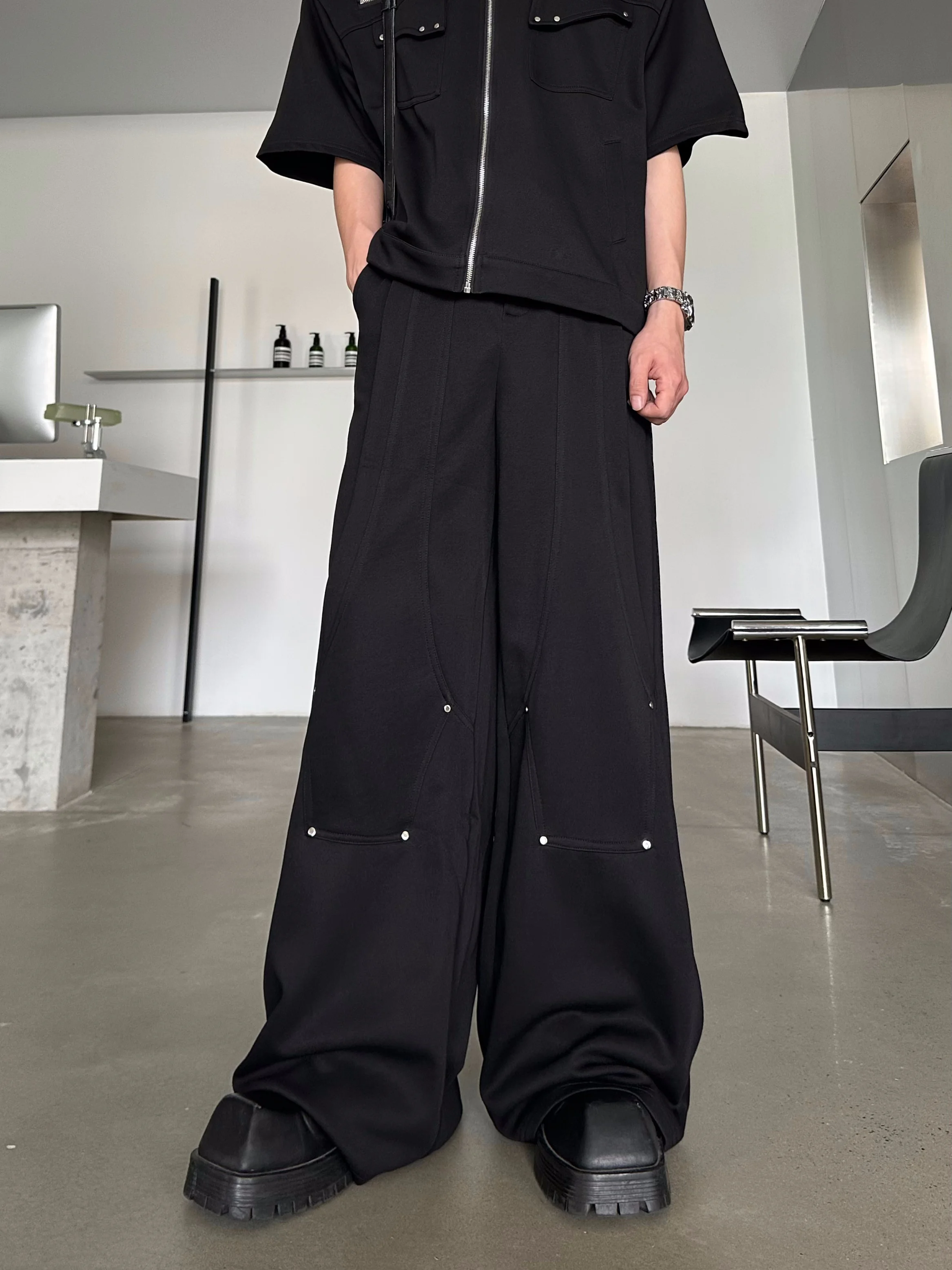 American High Street Fashion Trendy Design Round Neck Half Sleeve Short Sleeve T-shirt Casual Loose Long Pants Jacket Suit Men