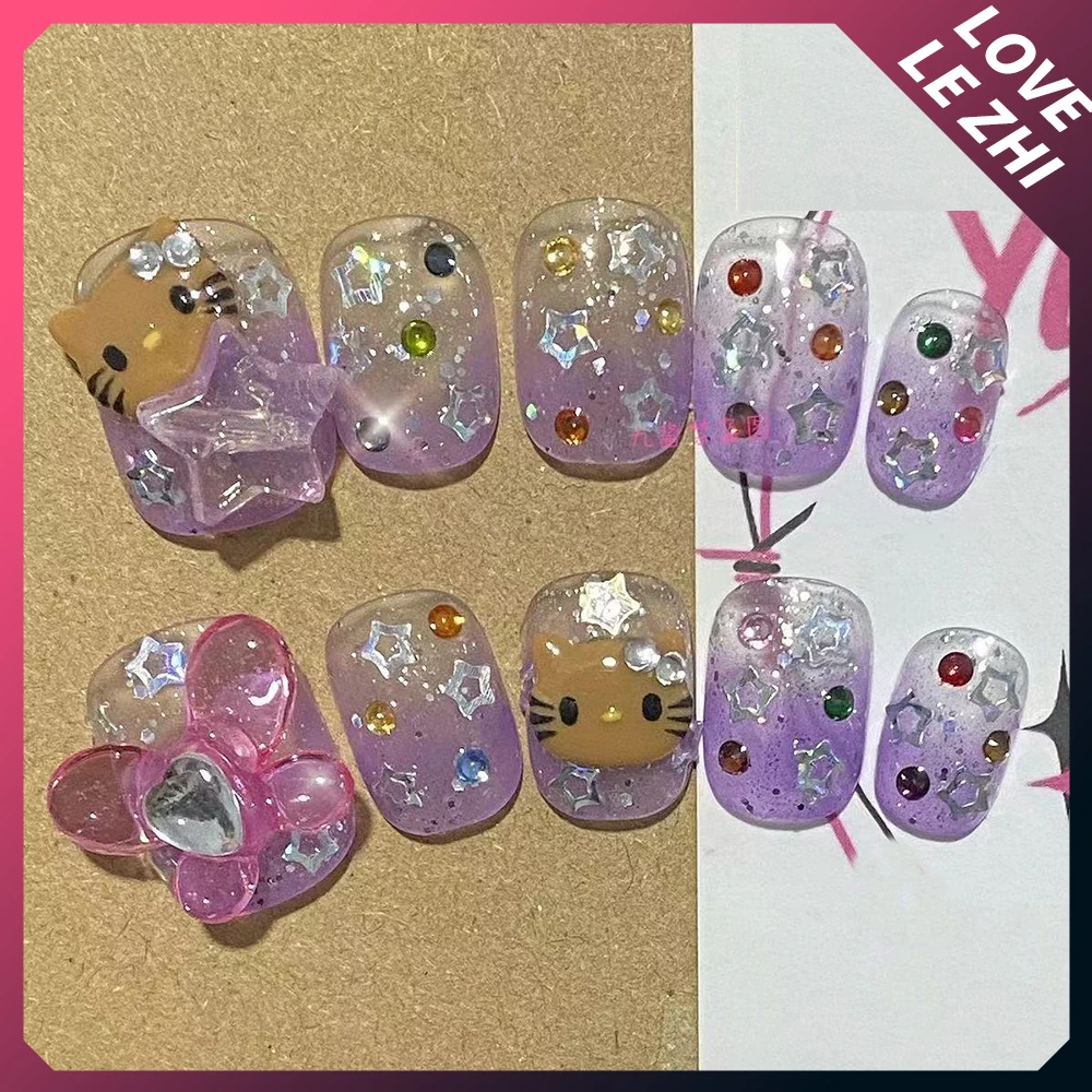 Sanrioed Bloemen Handgemaakte Pers Op Nagels Hello Kitty Zomer Gradatie Kort Ballet Volledige Cover Vijfpuntige Ster Nep Nagel