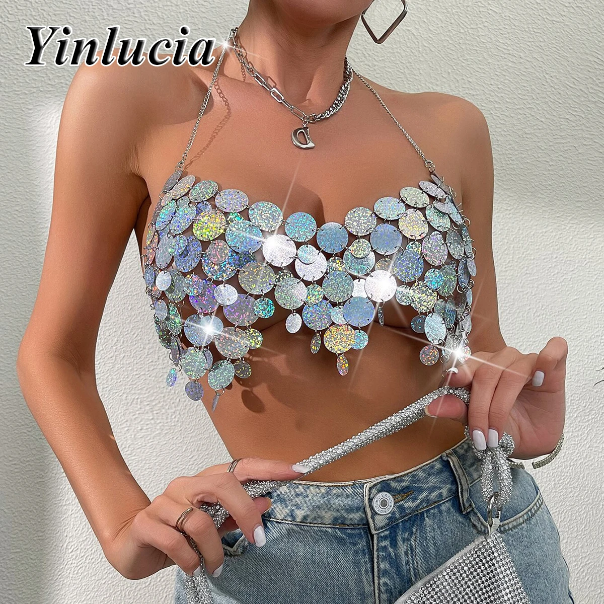 Shining Nightclub Sexy Connect Sequins Backless Chain Women's Vest Halter Strap Top Exposed Navel Short Crop Sling