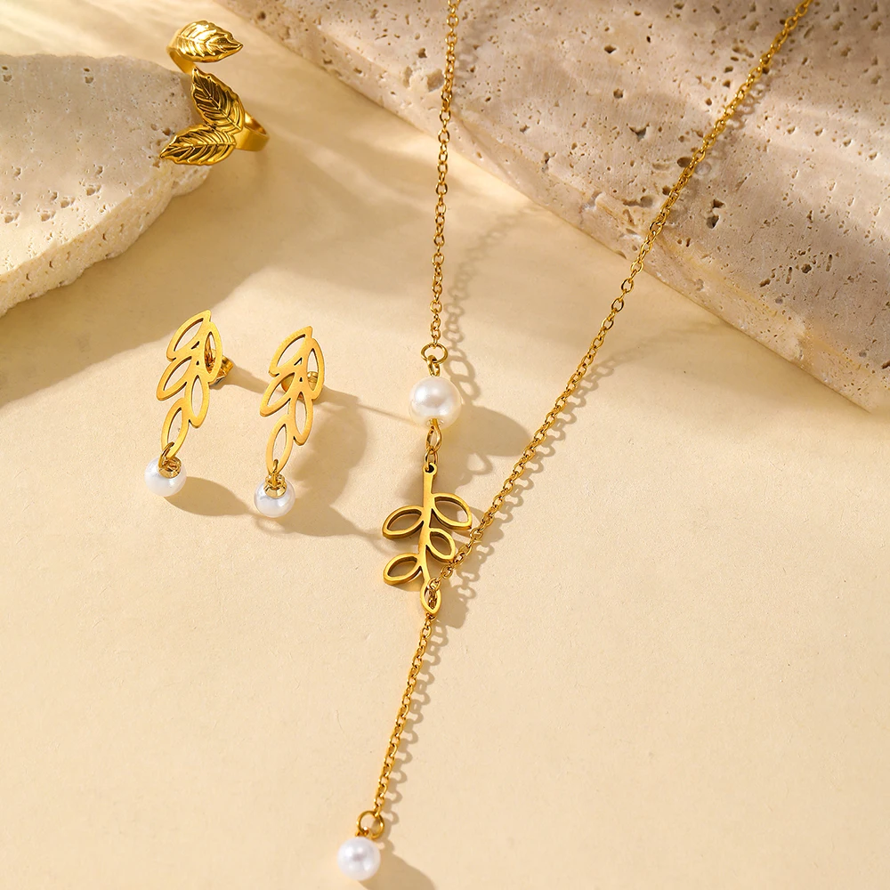 Stainless Steel Jewelry Set Leaf Pearl Earrings Pearl Necklace Size Adjustable Leaf Ring Jewelry Set For Women Jewelry New Style