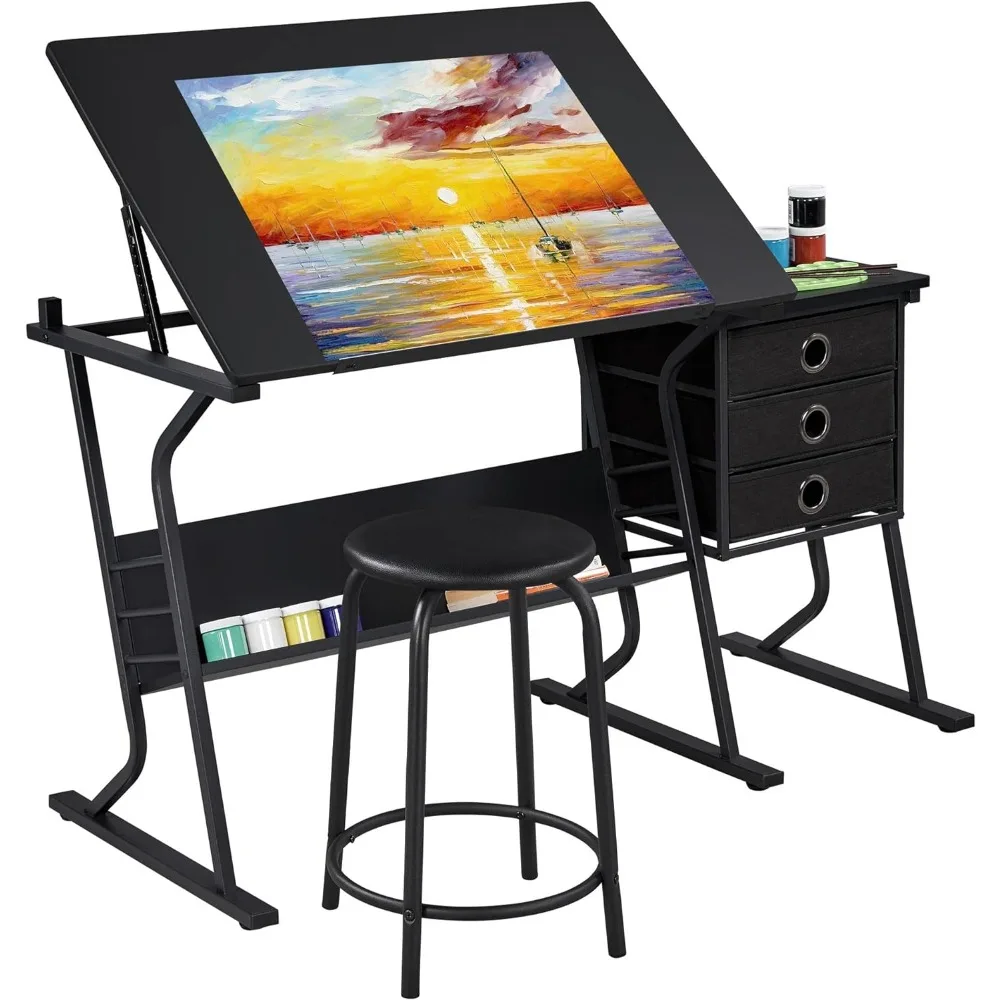 Drafting Table for Adults/Artists, Drawing Desk, Tabletop Adjustable Art/Craft Desk with Stool and 3 Slide Drawers