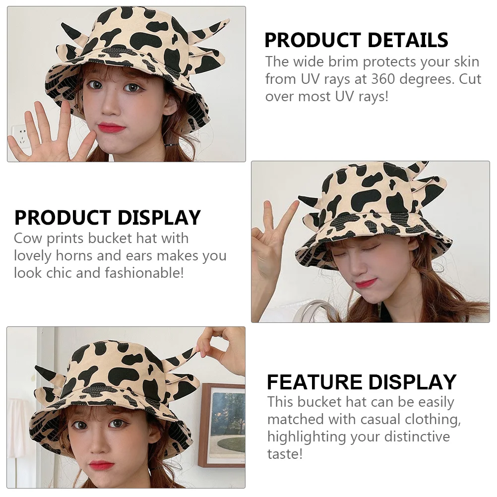 Панама с принтом коровы, хлопковая шляпа-ведро в рыбацком стиле, летняя пляжная шляпа от солнца, анти-УФ-кепка, легкая дышащая для женщин, модный дизайн с рогами