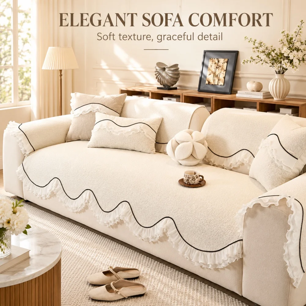 French-style creamy sweet lace anti-slip sofa mat for home use.