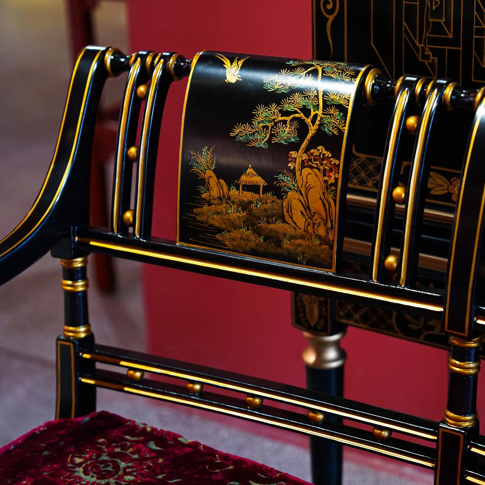 French Chinese style black background painting character landscape pattern double leisure chair