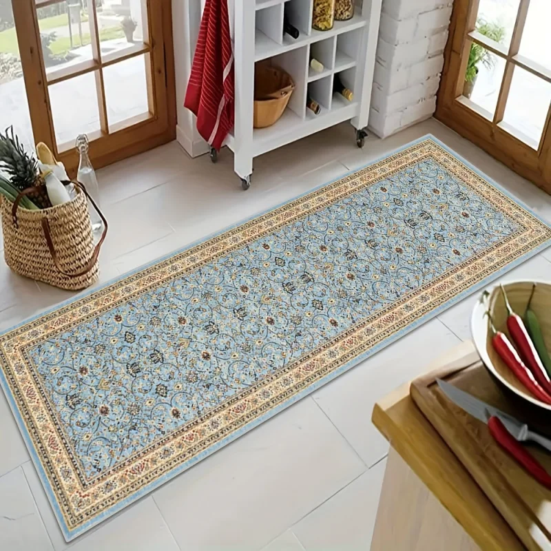 VIKAMA Vintage Floral Hallway Runner Rug Blue & Gold Oriental Pattern Non-Slip Long Rug for Kitchen & Entryway Home Decor
