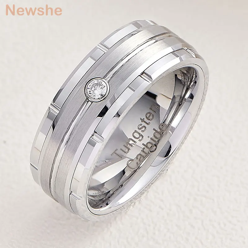 Newshe Black White Gold Color Men's Wedding Band 8mm Matte Brushed Tungsten Rings for Him Cubic Zircon Size 8-13