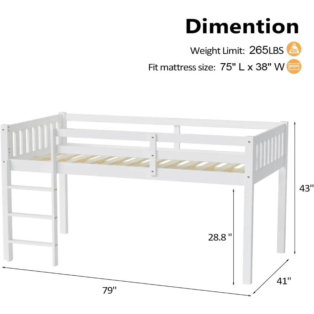 Twin Loft Bed Low Loft Bed Frame for Little Kids Small Room/Low Ceiling Bedrrom with Guardrail and Ladder, White