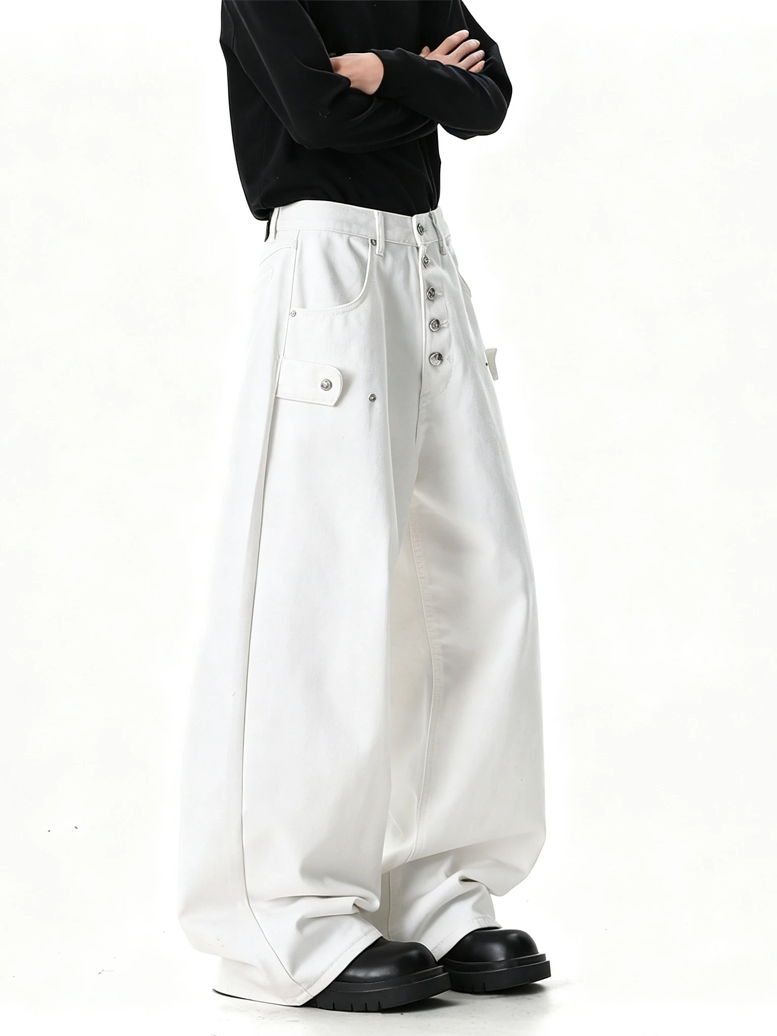 American High Street Button White Knife Jeans Men's Women's Design Loose Drapey Wide Leg Floor-Length Pants