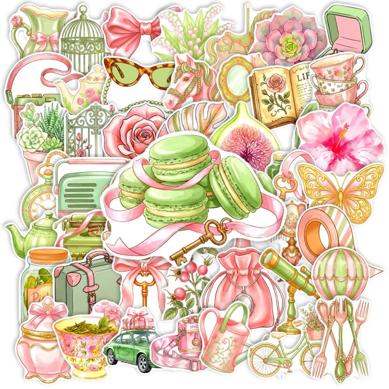 New 50pcs retro mint green watercolor handbag stickers French pastoral style mix and match object decorative stickers