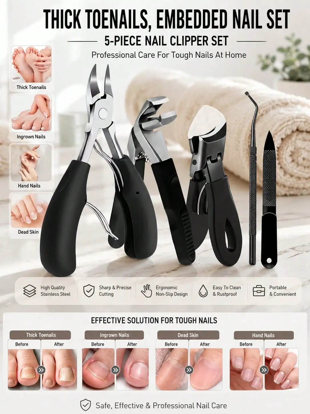 Thick toenail clipper set, a professional foot repair tool suitable for inward bending, with hard and thick nails