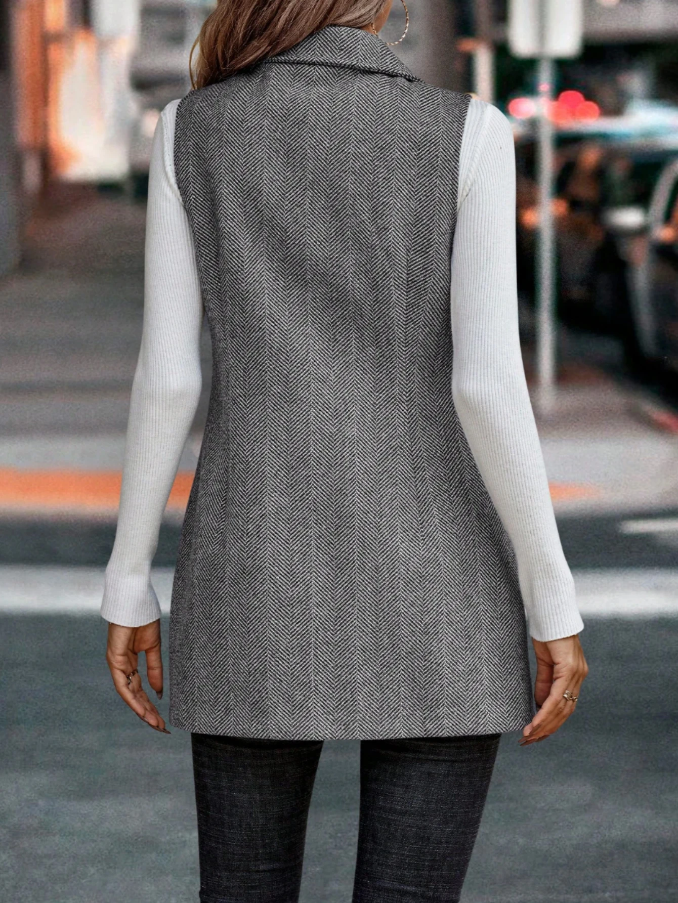 سترة نسائية كلاسيكية متعرجة مزدوجة الصدر، صدرية طويلة بدون أكمام مع طية صدر مدببة، سترة بدلة عمل مكتبية أنيقة #6