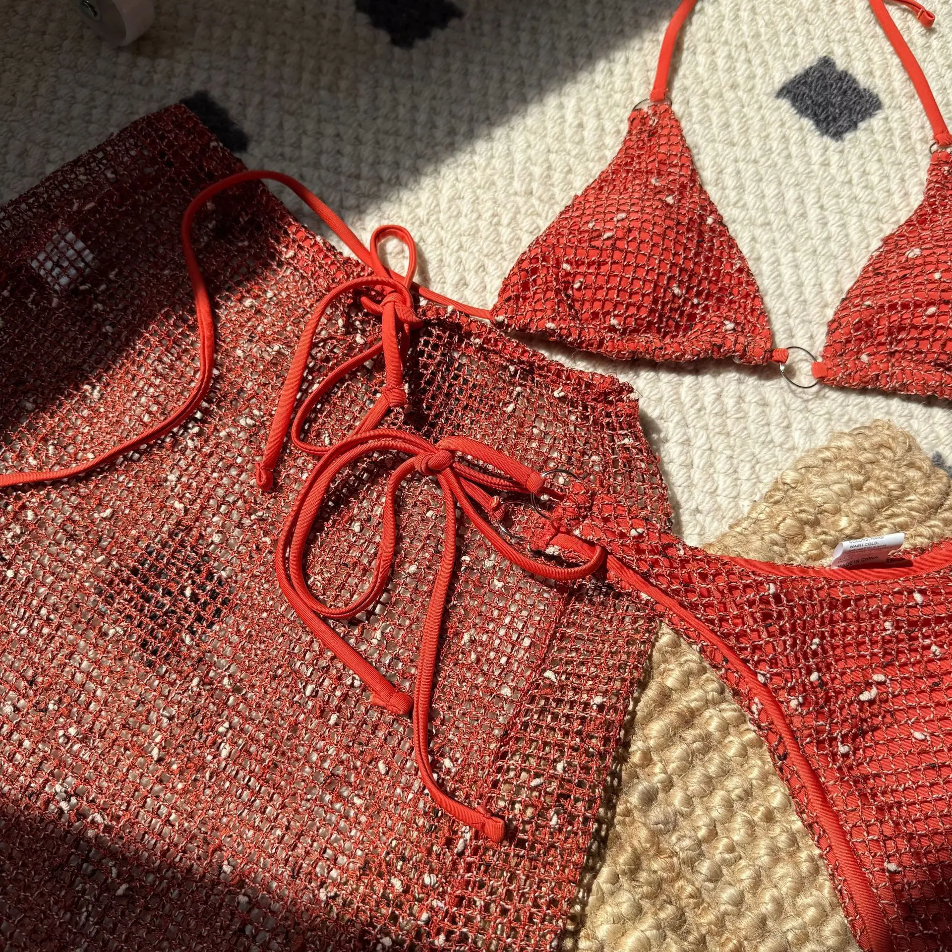 Mit Mesh Sarong Rock Halter Bikini Frauen Bademode Weiblichen Badeanzug Drei-stück Bikini Set Fishnet Badeanzug Schwimmen Bademode