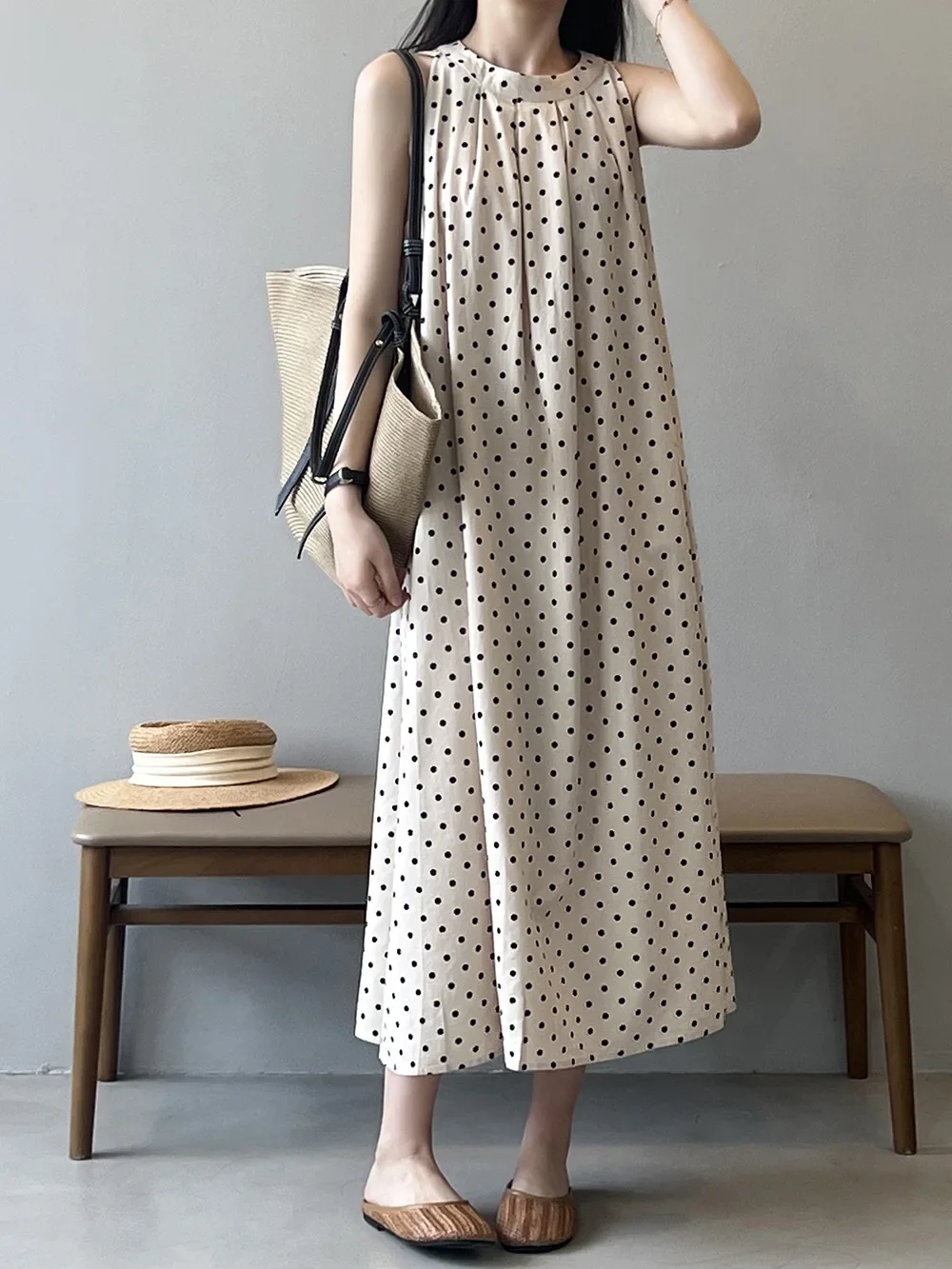 

2024 Summer New Women's Polka Dot Sleeveless Dress Korean Round Neck A-Line Style Sundress Female Clothing 82016