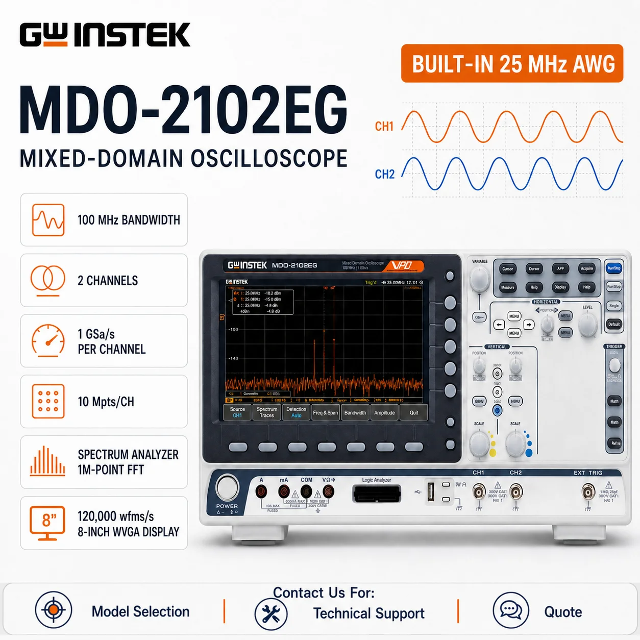 GW Instek MDO-2102EG/2202EG Mixed-Domain Oscilloscope, 100/200 MHz, 2/4-Channel, 1 GSa/s, Spectrum Analyzer, Dual 25 MHz AWG