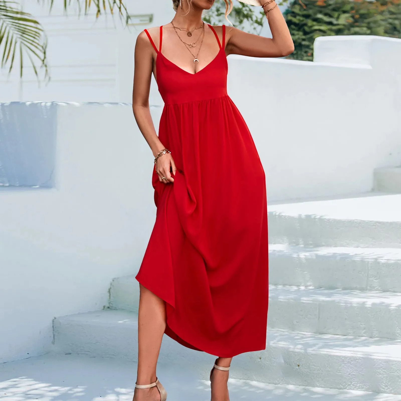 Vestido informal con tirantes para mujer, traje Sexy con cuello en V y Espalda descubierta, cómodo, de cintura alta, elegante, para vacaciones