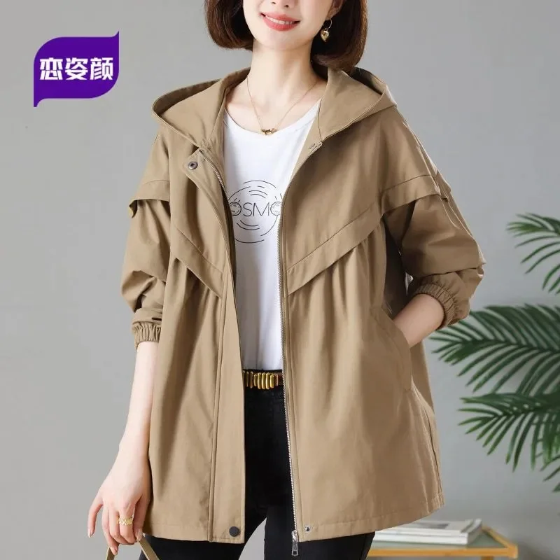 5XL Hooded Trench Coat Casual Large Loose Windbreaker Lining Coat Women's Spring Autumn 2023 New Korean Mid length Jacket Khaki