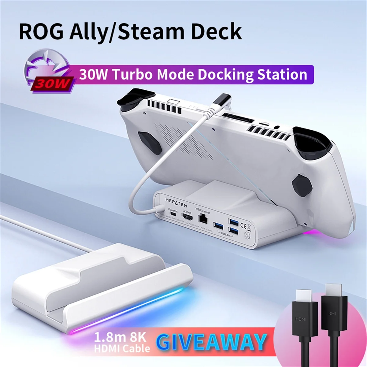 AB02 Docking Station for ROG Ally Hub RGB Steam Deck Stand with 4K@60Hz TV/ 1Gb Ethernet/ USB3.0/ PD 3.0 Fast Charging