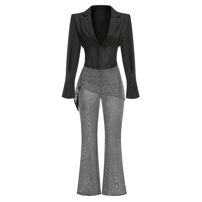 Luxury Crystals Women Suit Set 2 Pieces Sexy Short Jacket+Flare Pants Trousers Formal Birthday Coat Prom Wedding Tuxedos